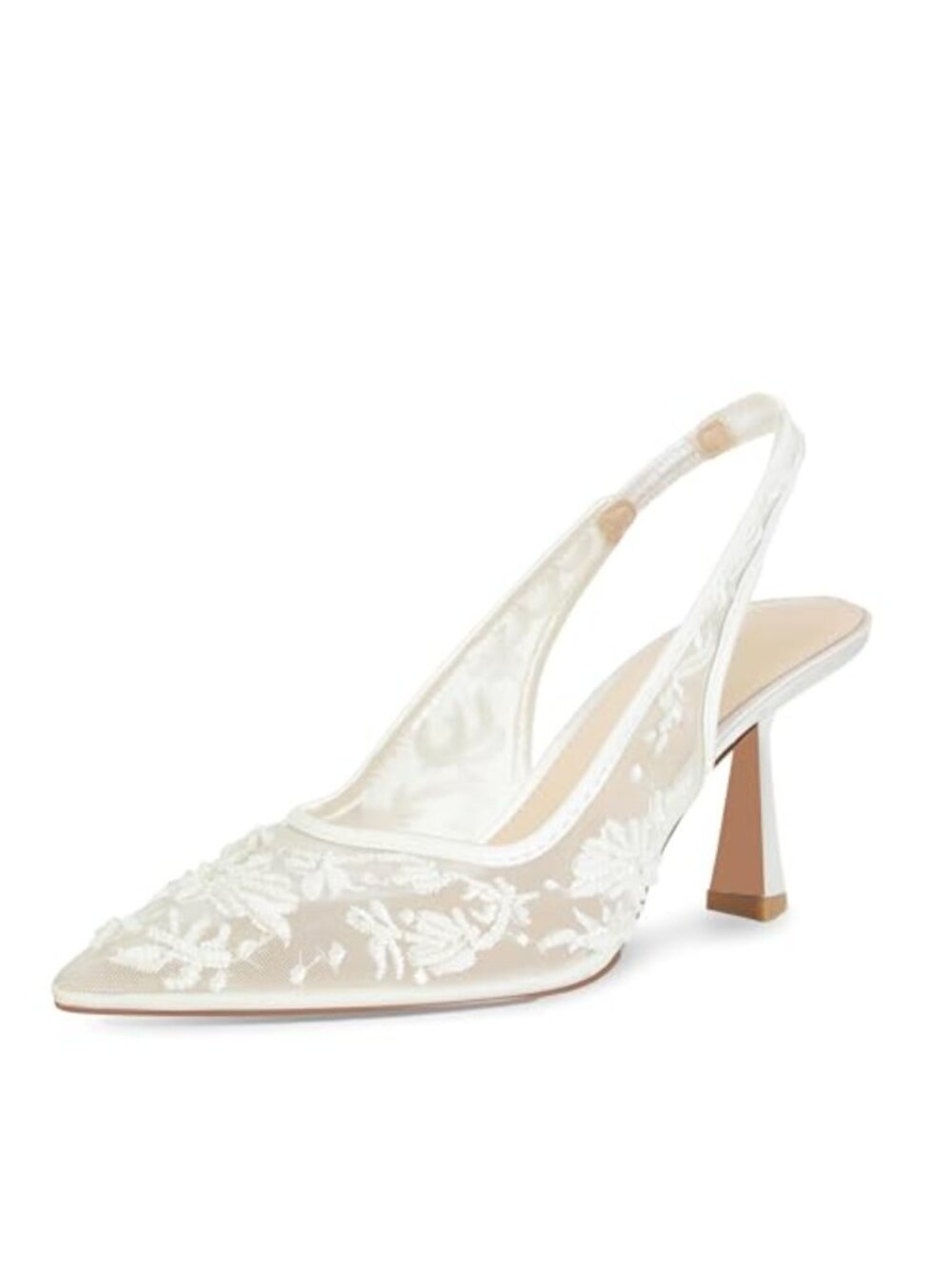 Embroidered Lace Mesh Slingback Kitten Heels Pointed Toe Bridal Wedding Pumps
